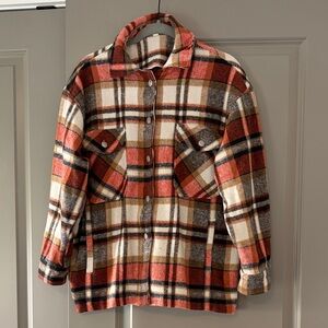 Plaid Button-Up Shacket Jacket in Rust, Cream & Brown